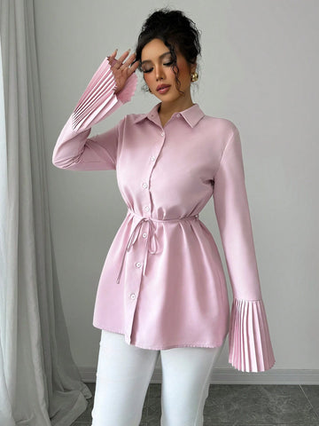 Women's Elegant Casual Commuting Solid Color Cuff Pleated Waist Belt Decor Long Sleeve Shirt, Spring & Autumn