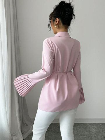Women's Elegant Casual Commuting Solid Color Cuff Pleated Waist Belt Decor Long Sleeve Shirt, Spring & Autumn