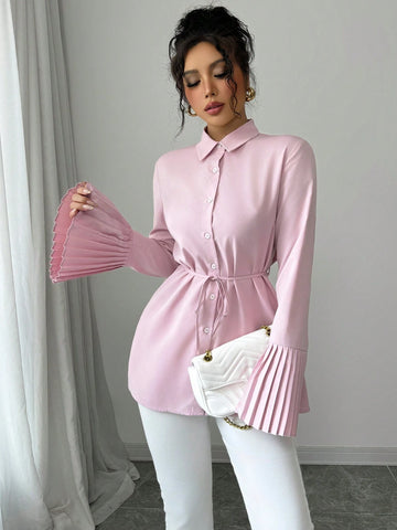 Women's Elegant Casual Commuting Solid Color Cuff Pleated Waist Belt Decor Long Sleeve Shirt, Spring & Autumn