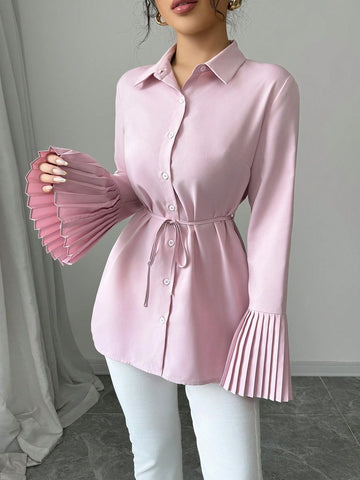 Women's Elegant Casual Commuting Solid Color Cuff Pleated Waist Belt Decor Long Sleeve Shirt, Spring & Autumn