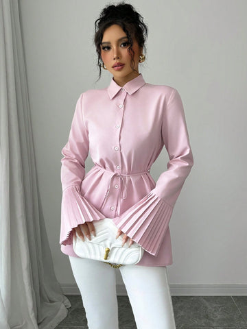 Women's Elegant Casual Commuting Solid Color Cuff Pleated Waist Belt Decor Long Sleeve Shirt, Spring & Autumn