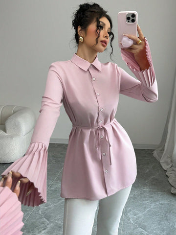 Women's Elegant Casual Commuting Solid Color Cuff Pleated Waist Belt Decor Long Sleeve Shirt, Spring & Autumn
