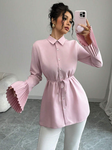 Women's Elegant Casual Commuting Solid Color Cuff Pleated Waist Belt Decor Long Sleeve Shirt, Spring & Autumn
