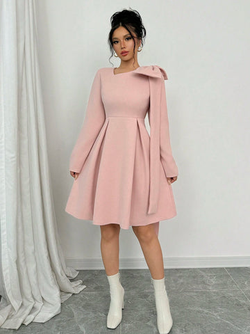 Women's Elegant Graceful Lady Warm Christmas Party Long Sleeve Asymmetrical Collar Waist Ruched Bowknot Ribbon Decor Soft Solid Color Wool Dress