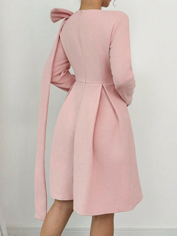 Women's Elegant Graceful Lady Warm Christmas Party Long Sleeve Asymmetrical Collar Waist Ruched Bowknot Ribbon Decor Soft Solid Color Wool Dress