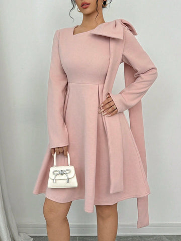 Women's Elegant Graceful Lady Warm Christmas Party Long Sleeve Asymmetrical Collar Waist Ruched Bowknot Ribbon Decor Soft Solid Color Wool Dress