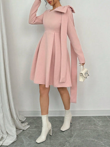 Women's Elegant Graceful Lady Warm Christmas Party Long Sleeve Asymmetrical Collar Waist Ruched Bowknot Ribbon Decor Soft Solid Color Wool Dress