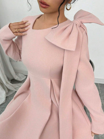 Women's Elegant Graceful Lady Warm Christmas Party Long Sleeve Asymmetrical Collar Waist Ruched Bowknot Ribbon Decor Soft Solid Color Wool Dress
