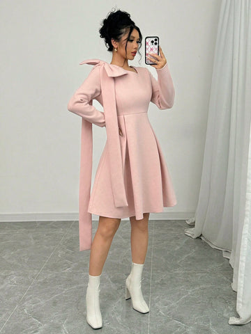 Women's Elegant Graceful Lady Warm Christmas Party Long Sleeve Asymmetrical Collar Waist Ruched Bowknot Ribbon Decor Soft Solid Color Wool Dress