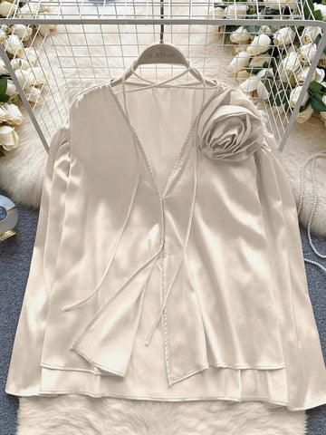 Women's Elegant V-Neck 3D Floral Long Sleeve Shirt