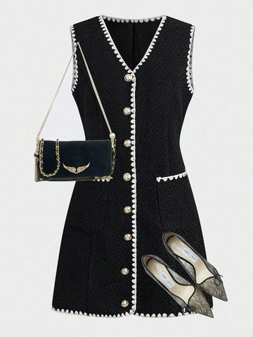 Women's Floral Patchwork Fringe Trim V-Neck Sleeveless Short Dress, Casual Office Wear, Party,