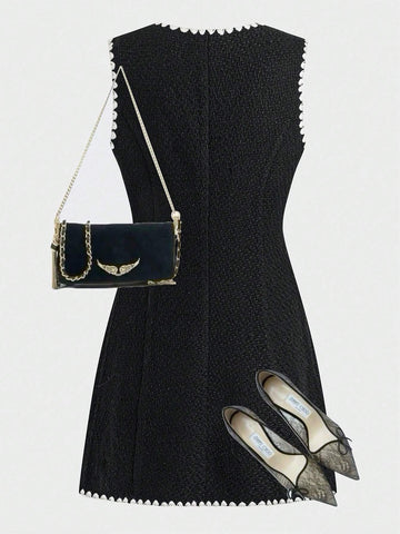 Women's Floral Patchwork Fringe Trim V-Neck Sleeveless Short Dress, Casual Office Wear, Party,