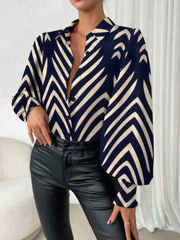 Raffinéa Women's Front Button Long Sleeve All Over Print Casual Blouse, Daily Wear