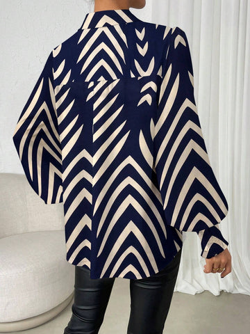 Raffinéa Women's Front Button Long Sleeve All Over Print Casual Blouse, Daily Wear