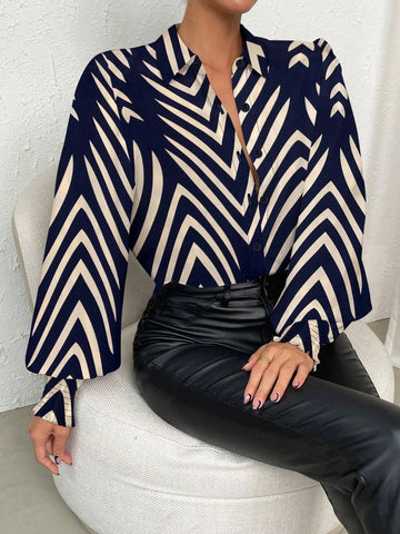 Raffinéa Women's Front Button Long Sleeve All Over Print Casual Blouse, Daily Wear