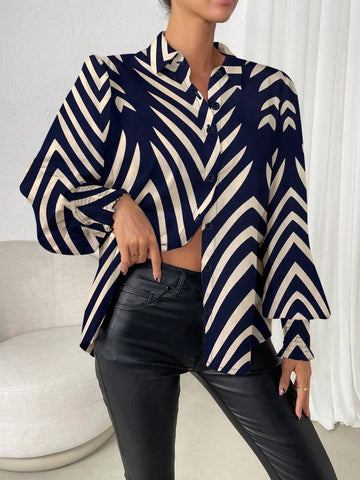 Raffinéa Women's Front Button Long Sleeve All Over Print Casual Blouse, Daily Wear