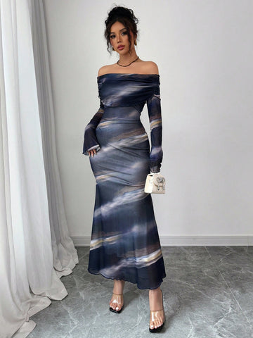 Women's Off-Shoulder Long Sleeve Floral Print Fitted Elegant Dress