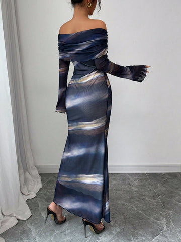 Women's Off-Shoulder Long Sleeve Floral Print Fitted Elegant Dress