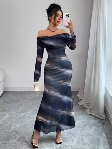 Women's Off-Shoulder Long Sleeve Floral Print Fitted Elegant Dress