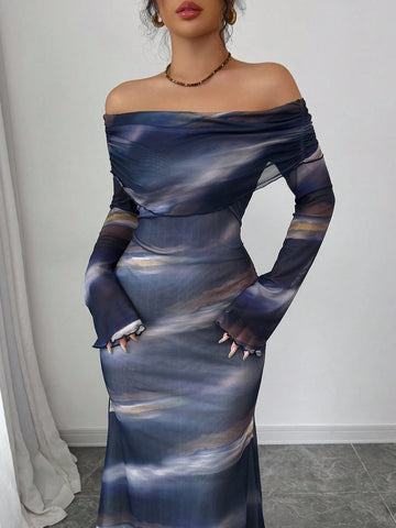 Women's Off-Shoulder Long Sleeve Floral Print Fitted Elegant Dress