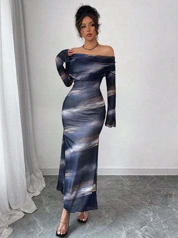 Women's Off-Shoulder Long Sleeve Floral Print Fitted Elegant Dress