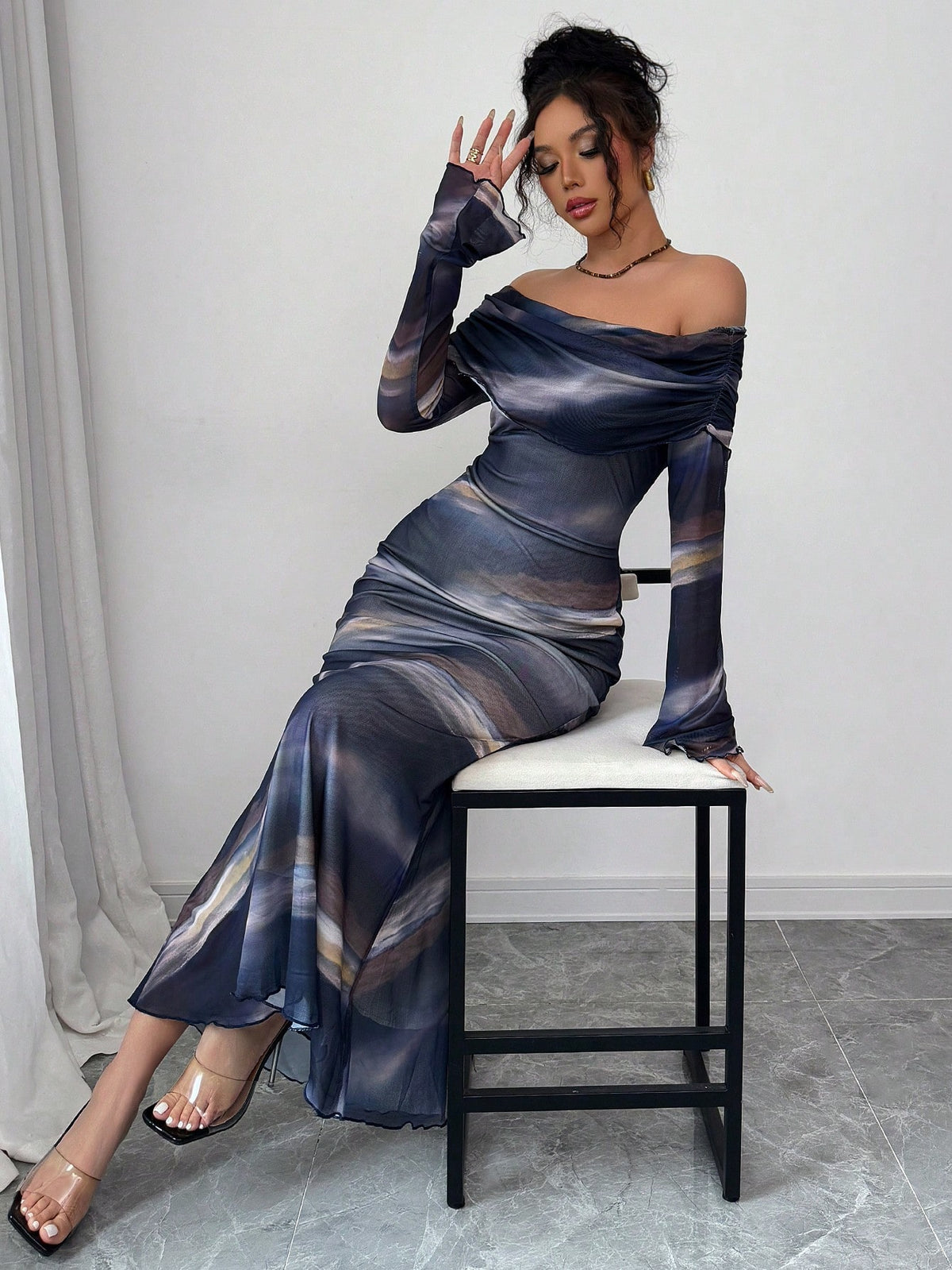 Women's Off-Shoulder Long Sleeve Floral Print Fitted Elegant Dress