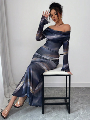 Women's Off-Shoulder Long Sleeve Floral Print Fitted Elegant Dress