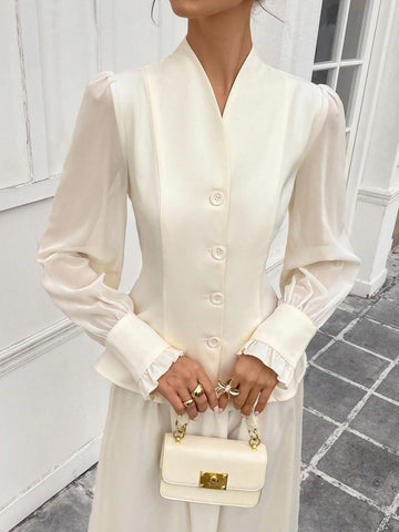 Women's Plain Button-Front Long Sleeve Simple Shirt,