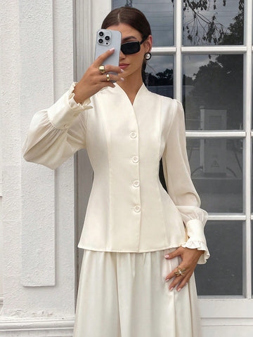 Women's Plain Button-Front Long Sleeve Simple Shirt,