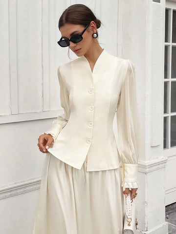 Women's Plain Button-Front Long Sleeve Simple Shirt,