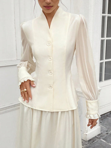 Women's Plain Button-Front Long Sleeve Simple Shirt,