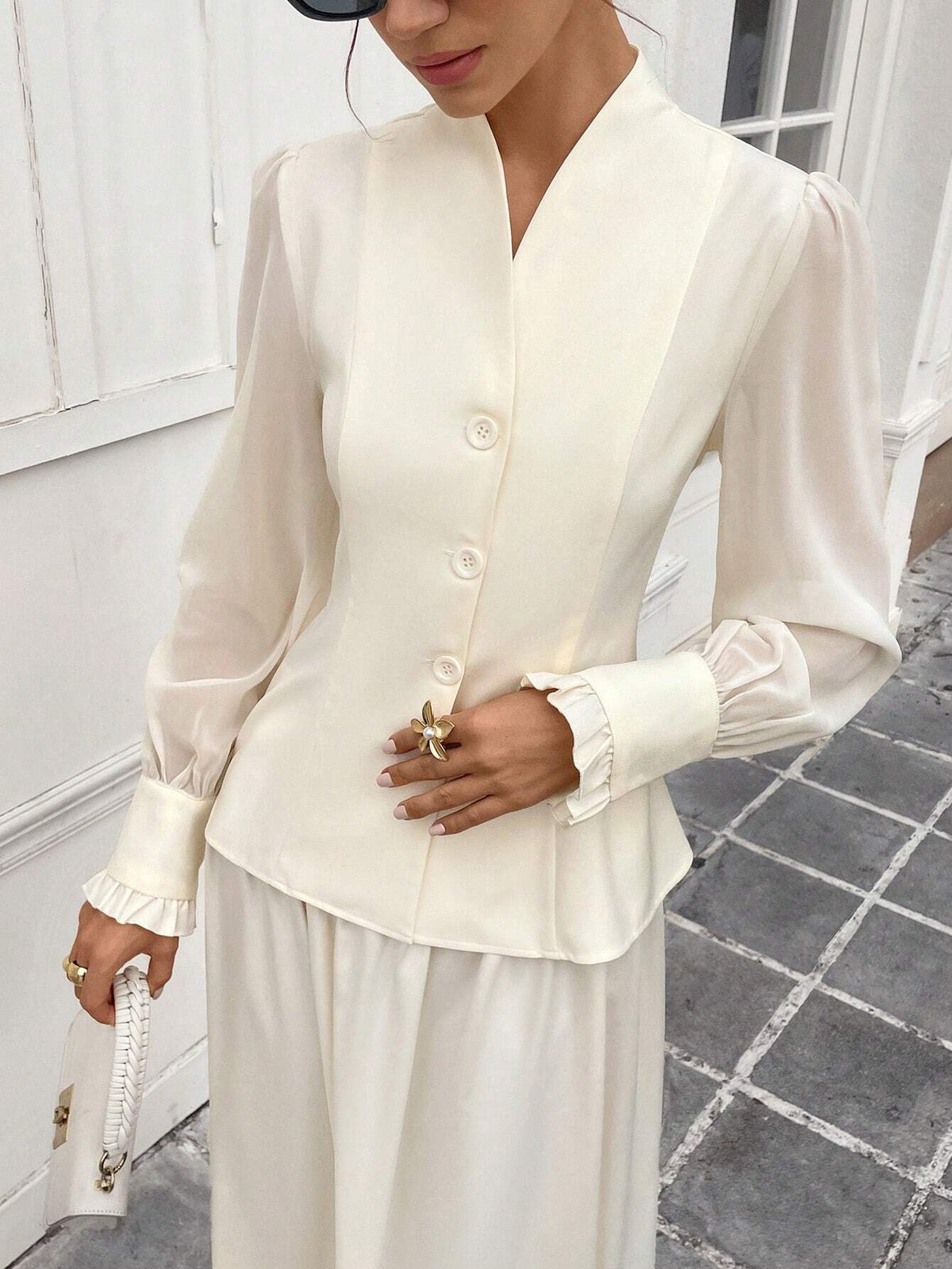 Women's Plain Button-Front Long Sleeve Simple Shirt,