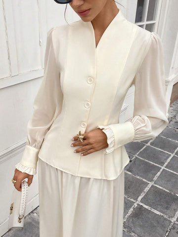 Women's Plain Button-Front Long Sleeve Simple Shirt,