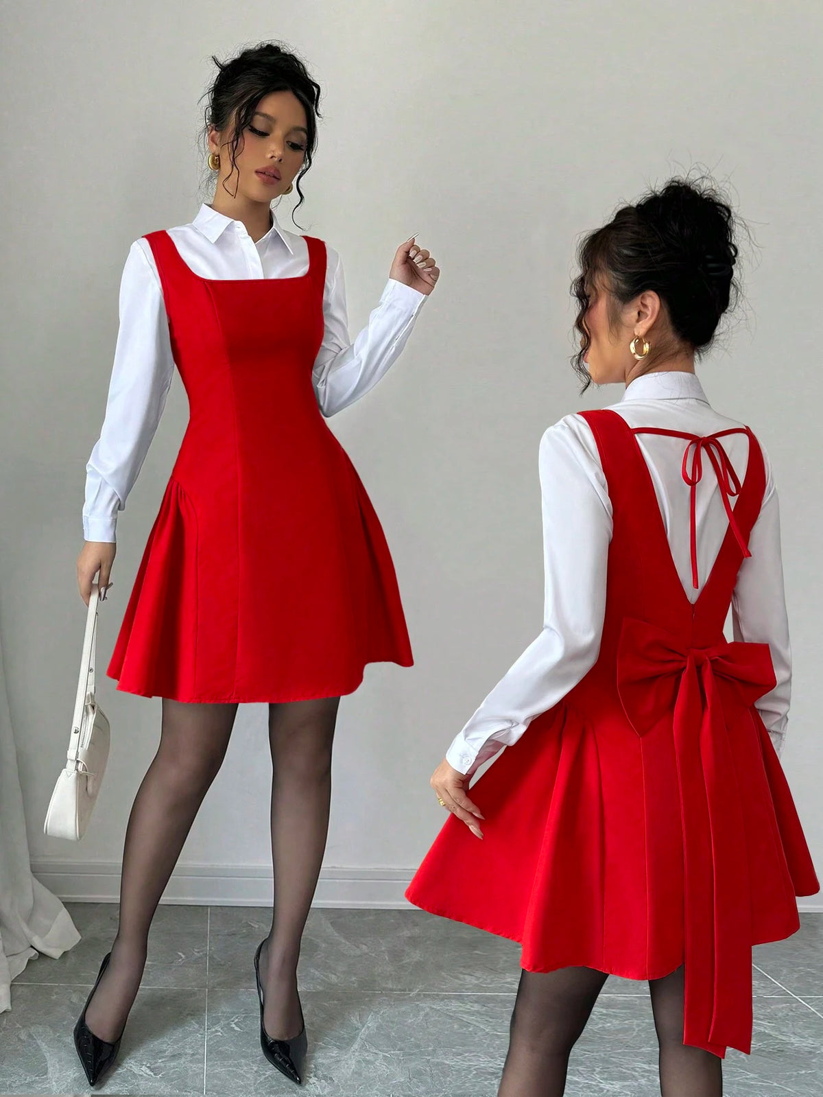 Women's Red Bow Decor Dress, New Year Winter