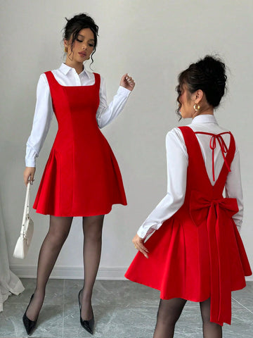 Women's Red Bow Decor Dress, New Year Winter