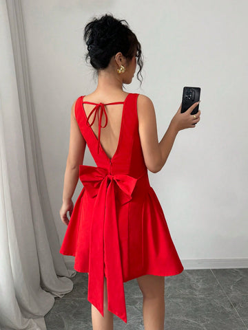Women's Red Bow Decor Dress, New Year Winter