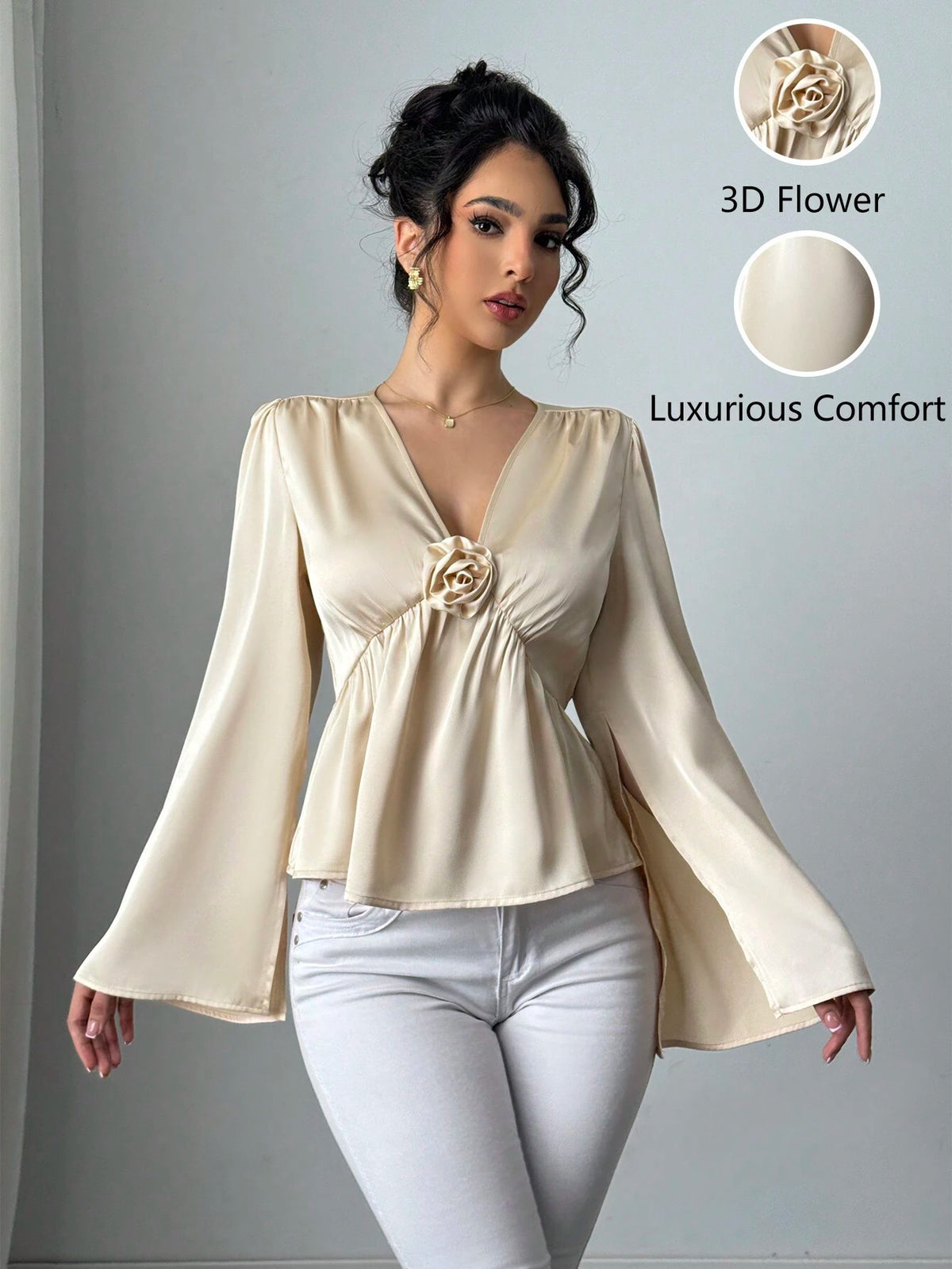 Women's Solid Apricot 3D Flower Elegant Blouse