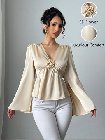 Women's Solid Apricot 3D Flower Elegant Blouse