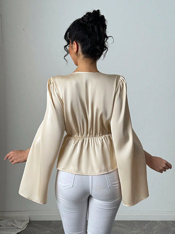 Women's Solid Apricot 3D Flower Elegant Blouse