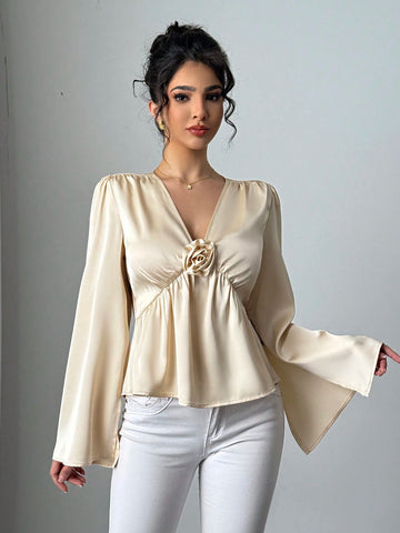 Women's Solid Apricot 3D Flower Elegant Blouse