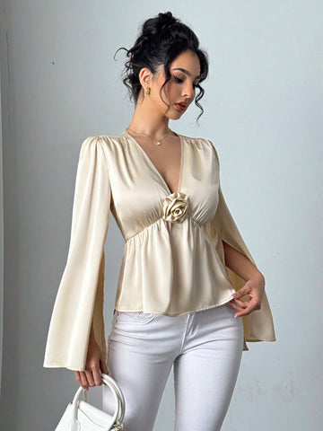 Women's Solid Apricot 3D Flower Elegant Blouse