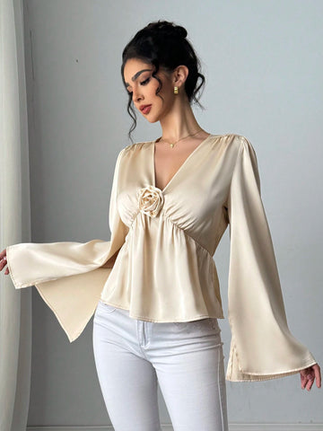 Women's Solid Apricot 3D Flower Elegant Blouse