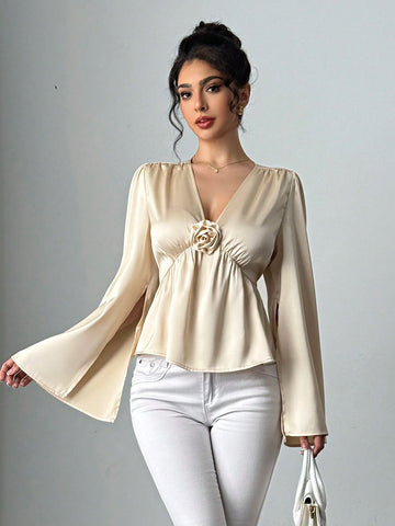 Women's Solid Apricot 3D Flower Elegant Blouse