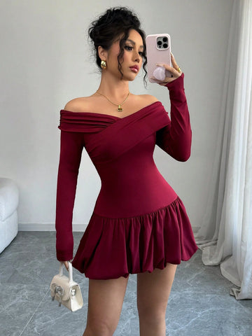 Women's Solid Color Bud Waist Off Shoulder Elegant Dress