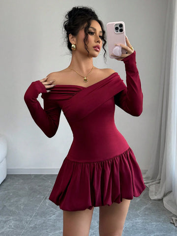 Women's Solid Color Bud Waist Off Shoulder Elegant Dress