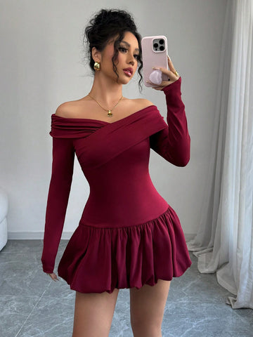 Women's Solid Color Bud Waist Off Shoulder Elegant Dress