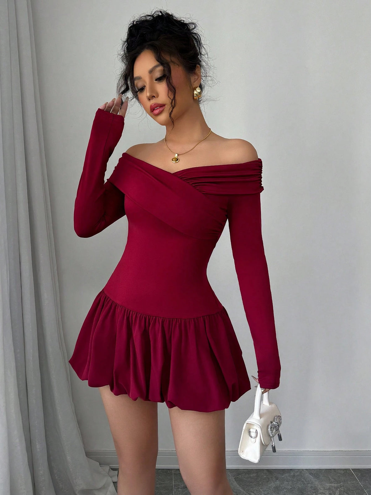 Women's Solid Color Bud Waist Off Shoulder Elegant Dress