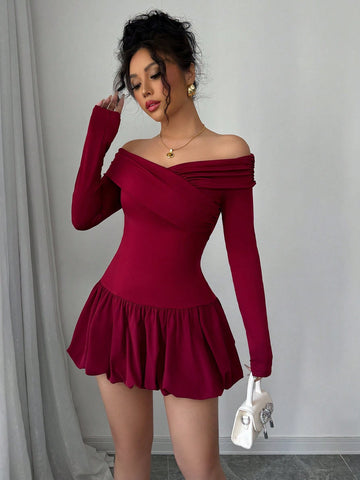 Women's Solid Color Bud Waist Off Shoulder Elegant Dress