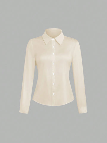 Women's Solid Color Button Front Long Sleeve Casual Top, Everyday Wear