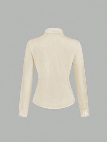 Women's Solid Color Button Front Long Sleeve Casual Top, Everyday Wear
